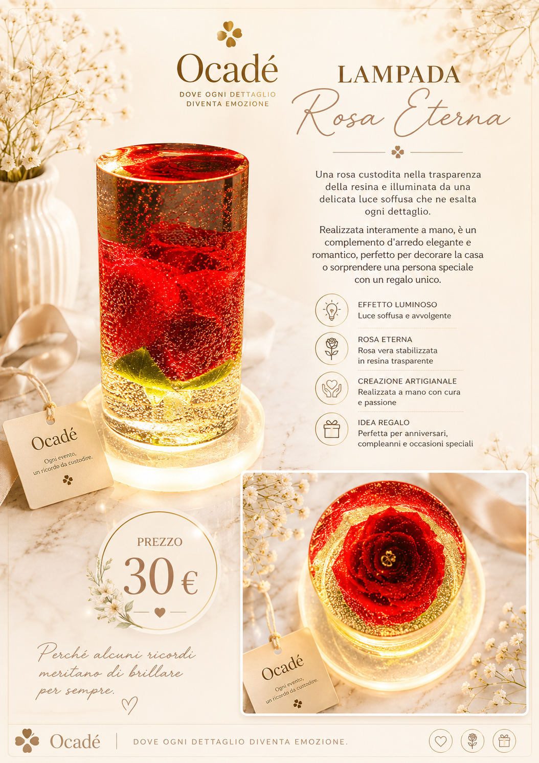 Lampada Rosa Eterna in Resina con LED – Edizione Elegance | Ocadè