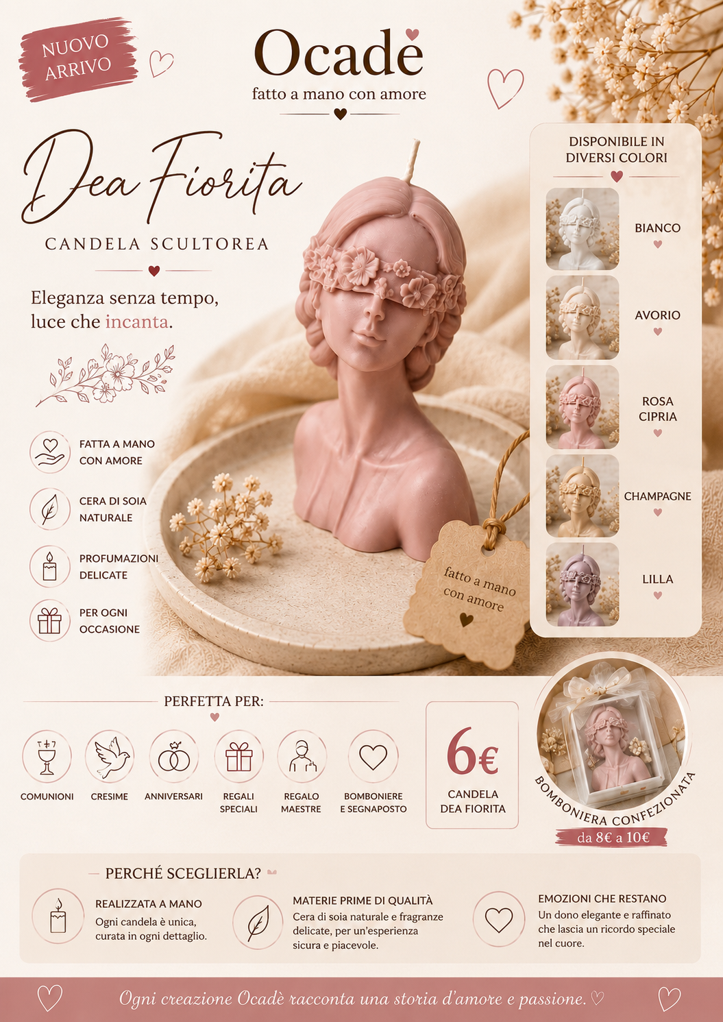 Candela Dea Fiorita in Cera di Soia – Scultura Profumata | Ocadè