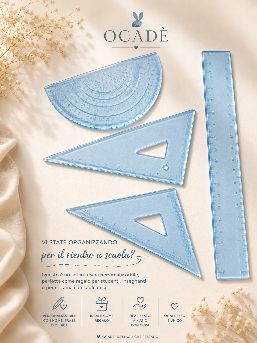 Set Geometrico in Resina Personalizzato – Righello, Squadre e Goniometro