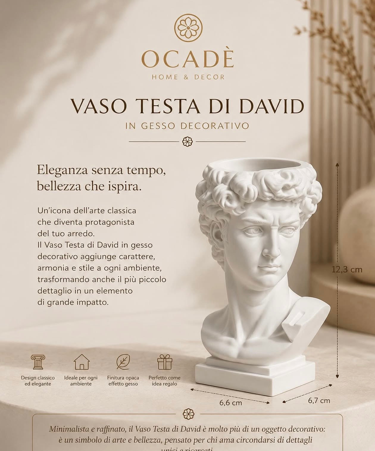 Vaso Testa di David in Gesso Decorativo