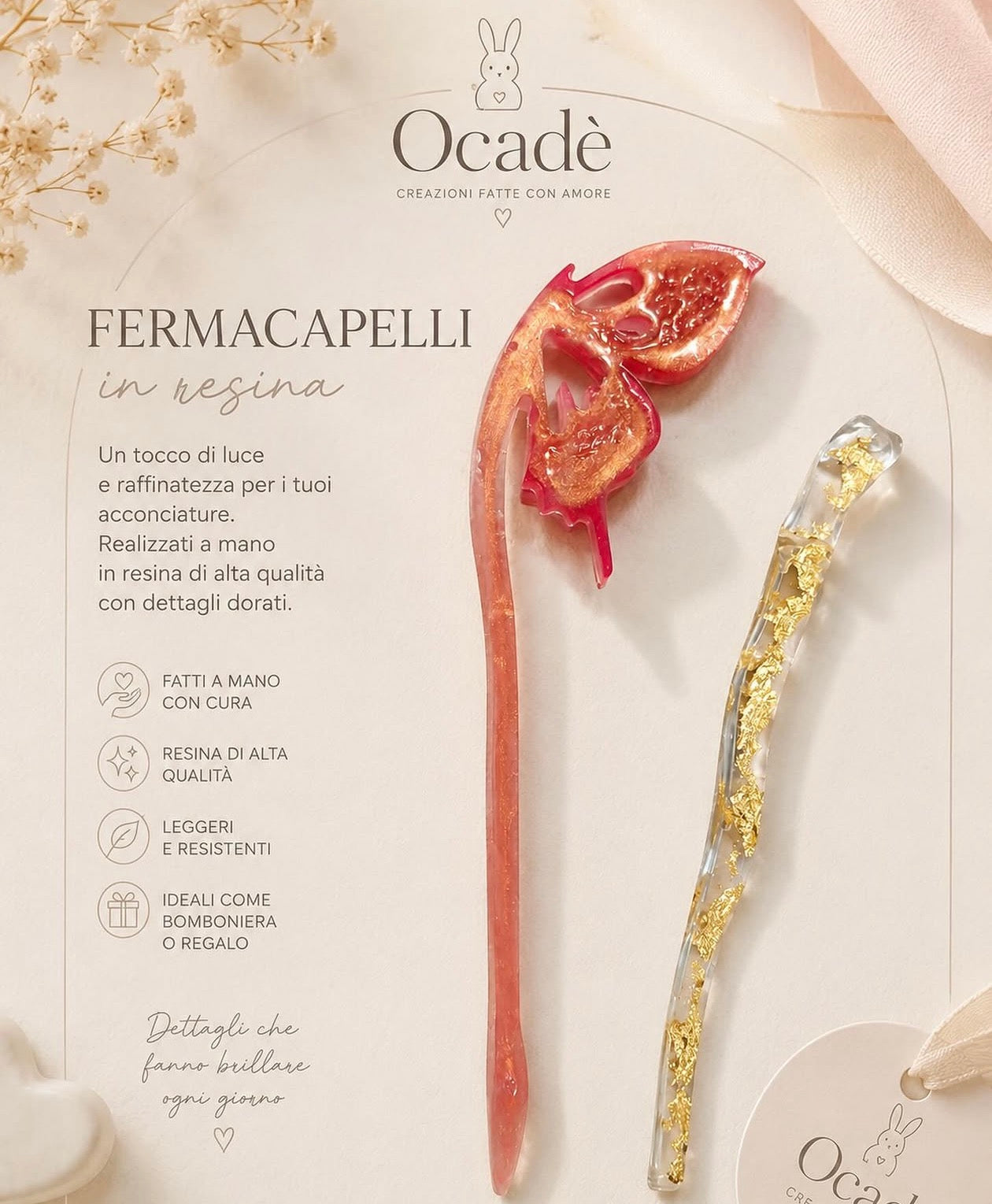 Fermacapelli Artigianale in Resina con Foglia Oro