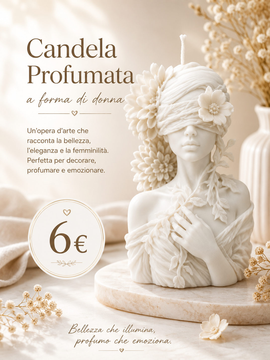 Candela Profumata Donna Fiorita in Cera di Soia – Scultura Decorativa | Ocadè