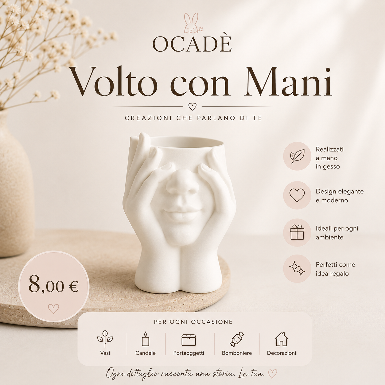 Volto con Mani – Vaso Decorativo in Gesso Profumato