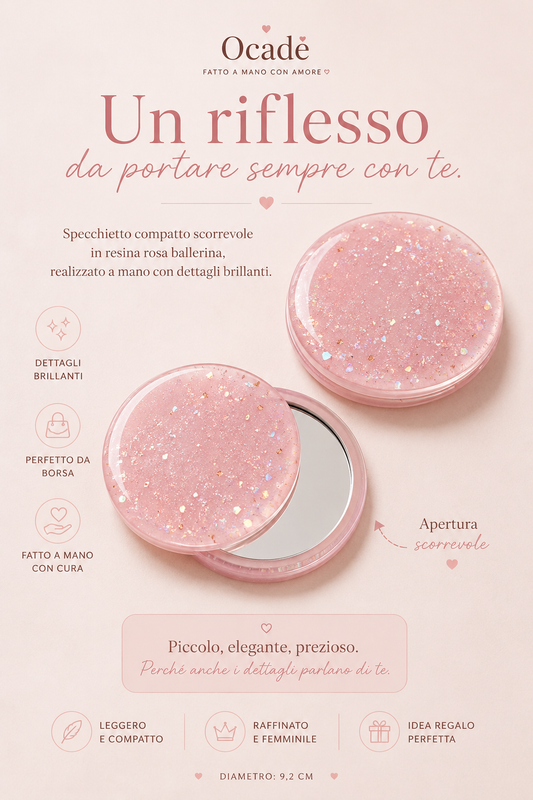 Specchietto Compatto Scorrevole in Resina Rosa Ballerina – Fatto a Mano
