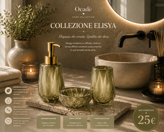 Set Bagno Elysia Verde Oliva – Dispenser, Portaspazzolini e Portasapone in Resina