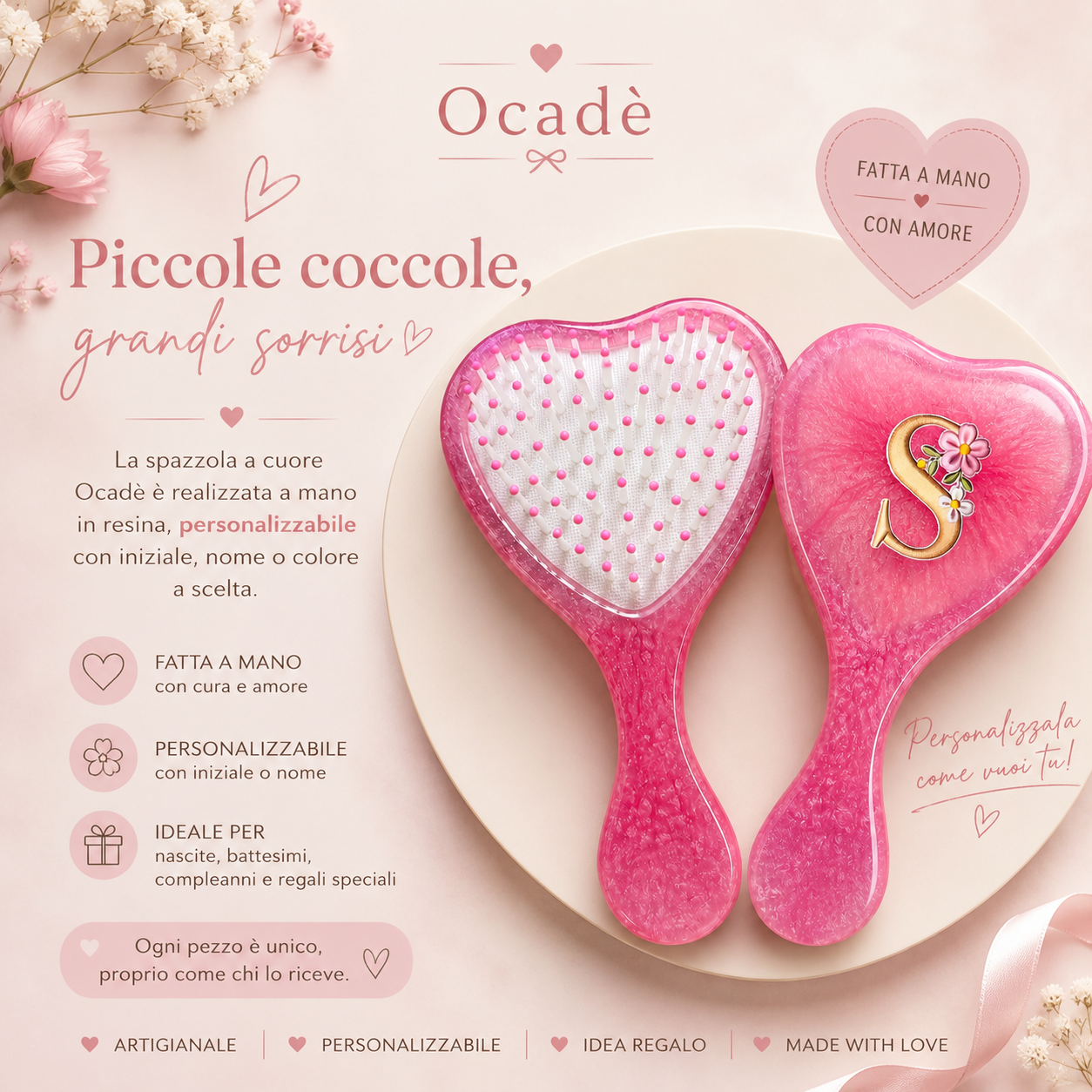 Spazzola Cuore Personalizzata in Resina – Idea Regalo Bambina