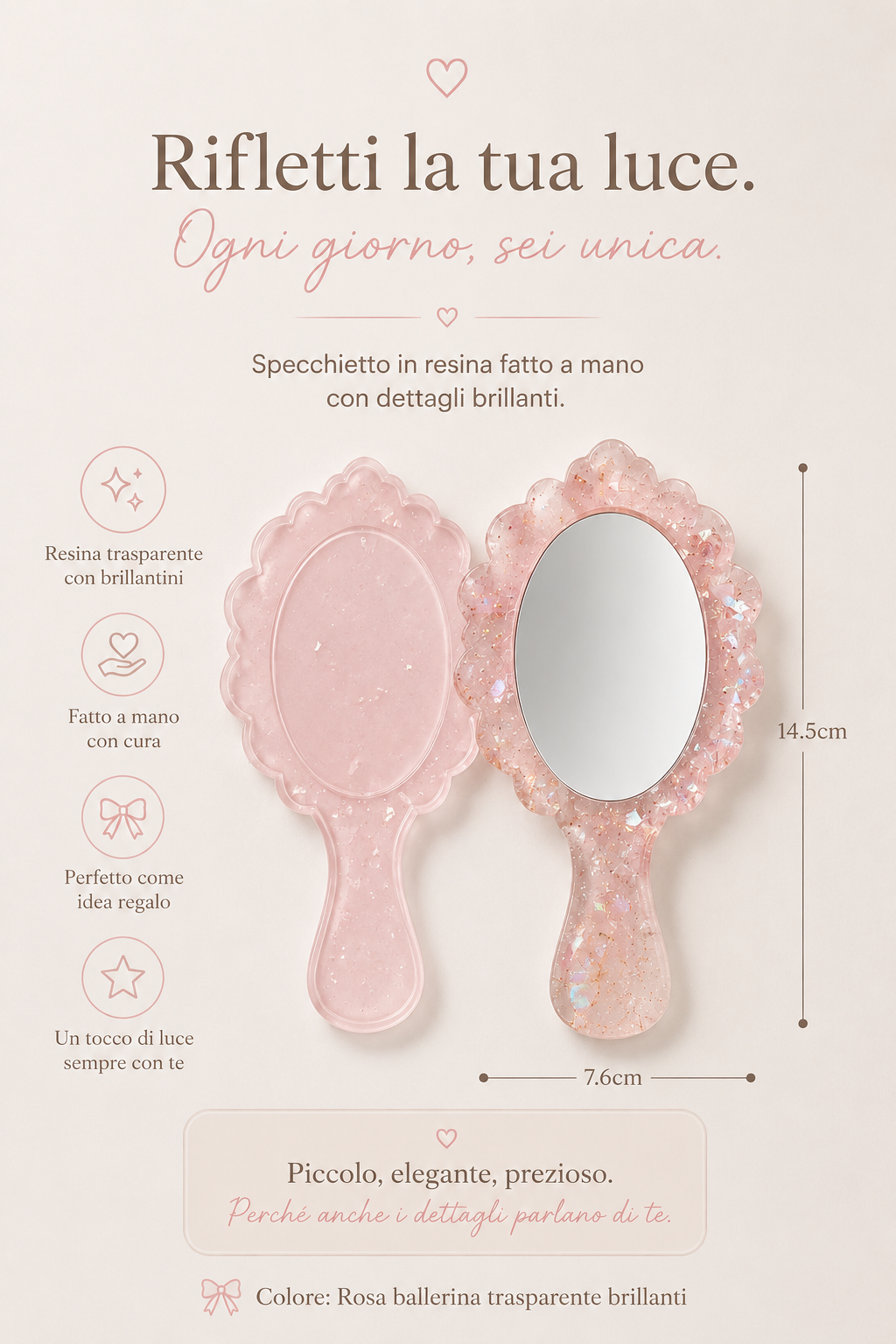 Specchietto Tascabile in Resina Rosa Ballerina – Fatto a Mano con Brillantini