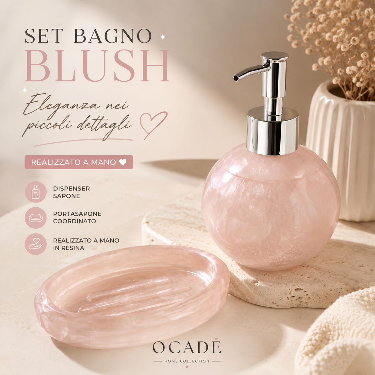 Set Bagno Blush in Resina – Dispenser Sapone e Portasapone Artigianali