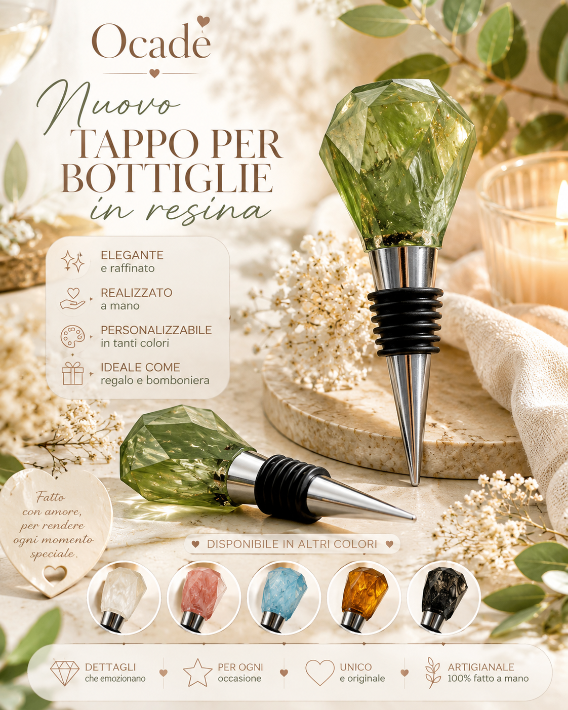 Tappo per Bottiglie in Resina Artigianale Personalizzabile vb