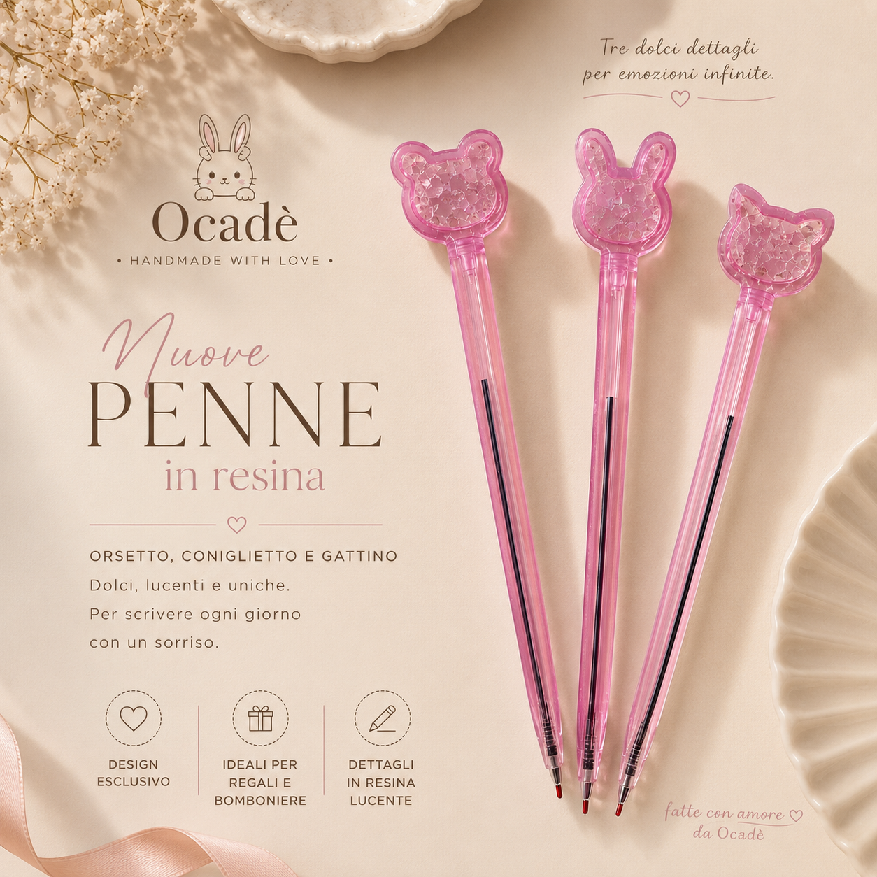 Penna in Resina Artigianale – Orsetto, Coniglietto o Gattino